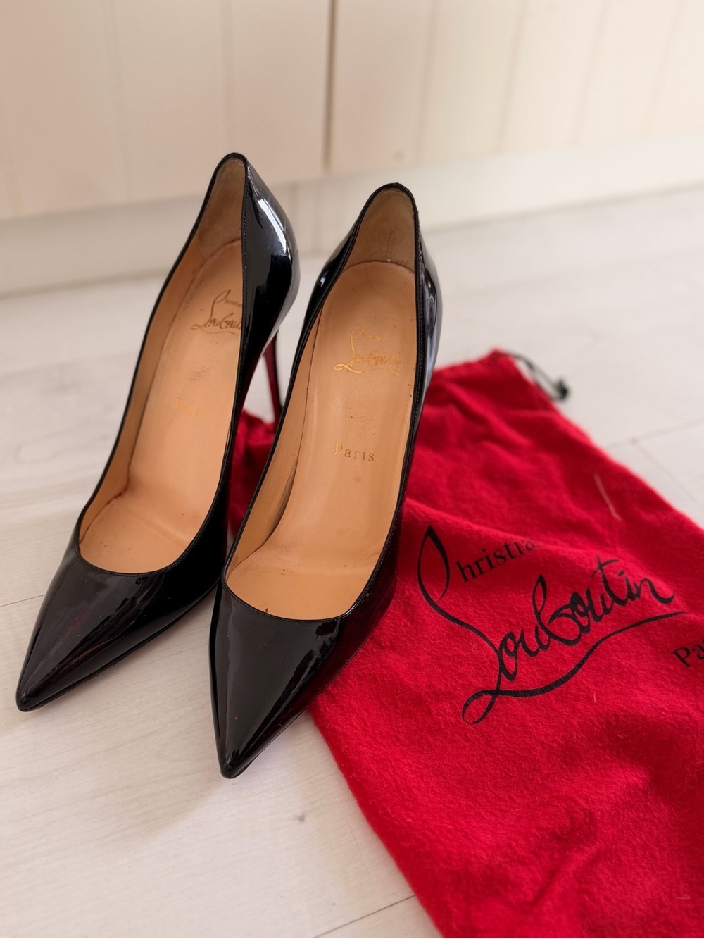 Christian Louboutin Black Patent Pointed-Toe Pumps with Signature Red Soles